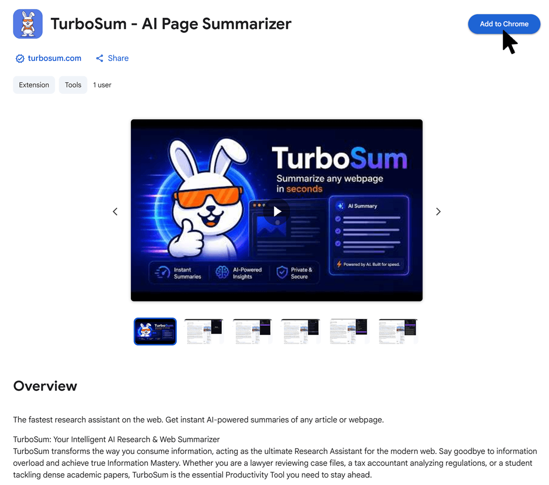 TurboSum Chrome Web Store listing screenshot